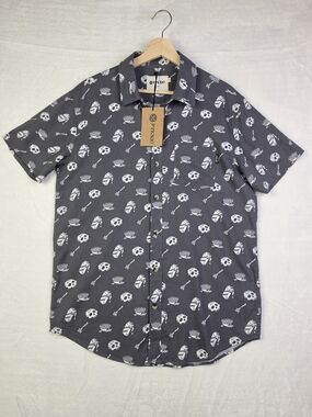 Pyknic Cereal Killer Shirt Mens Medium Short Sleeve Button Down Gray Skulls NWT